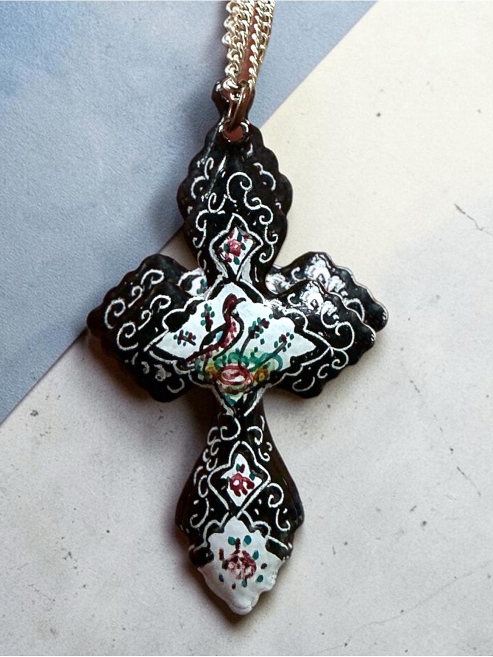 Hand Painted Enamel Cross Pendant Necklace Ornate Black White Religious Jewelry
